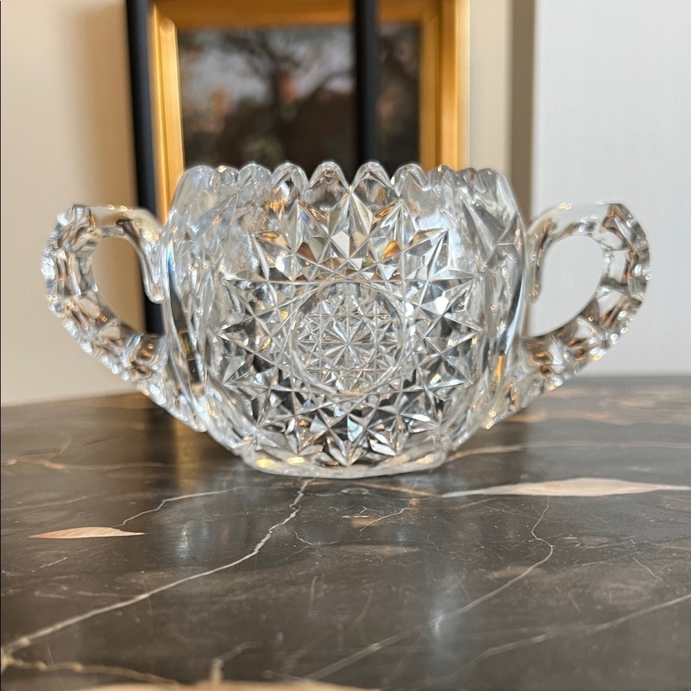 Antique American Brilliant Crystal Sugar Bowl with Handles Pinewheel Hobstar